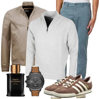 Motorrad Outfit mit Grau/Khaki/Beige/Braun Kastenjacke/Coachjacke/Frühlingsjacke/Kunstfaserjacke/Nylonjacke/Uniformjacke/Wachsjacke/Schlupfjacke/Sommerjacke/Innenfutter Jacke/Fliegerjacke/Bomberjacke/Jacke mit Seitlichem Reißverschluss Indicode "Summer Outfits"Look: Fitness, Arbeits, Motorrad, Reiten, Freizeit