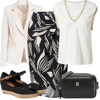 Outfit s Béžová/Krémová/Černá/Bílá/Tmavě modrá Sukně s potiskem/Vázací Sukně/Zavinovací Sukně Vila "Outfit na léto"