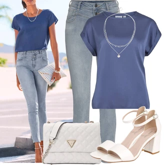 Outfit sa Bijela/Srebro Fini lančić/Statement lančić/Collier/Bogato ukrašena ogrlica About You "Ljetna odjeća"