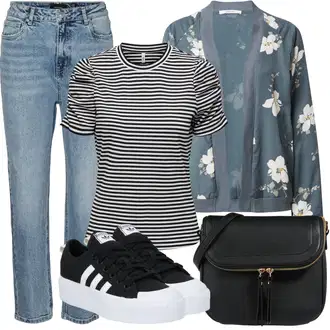 Vintage Outfit s Světle modrá/Modrá Navlékací džíny/Zkrácené Džíny/Vintage džíny/Dámské Džíny s Délkou 7/8/Formální Košile/Boyfriend Džínové kalhoty/Dad Džíny/Zužující se Džíny/Girlfriend Džíny/Mom Jean VERO MODA "Outfit na léto"Look: Styl, 90tá léta, Klasické, Vintage
