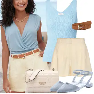 Outfit s Bílá/Béžová/Khaki Šortky/Chino kraťasy/Vysoký pas kraťasy/Mušelínové Šortky/Pytlovitý Šortky/Lněný kraťas/Papírové Šortky Lascana "Outfit na léto"