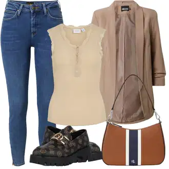 Outfit s Černá/Hnědá Bota Mokasín/Trotteur/Nízká Bota na podpatku/Bota S Kolečkem Guess "Outfit na léto"