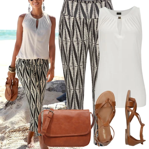 Kombinace Béžová/Bílá/Žlutá/Krémová/Zelená Kalhoty s Peřím/Kalhoty s Potiskem/Navlékací Kalhoty/Mušelínové kalhoty/Tradiční Kalhoty/Látková Kalhoty Lascana