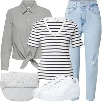Outfity pro léto Pracovní oděvy s Šedá/Světle šedá Halenka s Mašlí/Halenkové Body/Zavazovací Halenka Only "Letní oblečení"Look: Klasické, Styl, Lehký, Unisex, Univerzitní, Pracovní oděvy, Cool, 70tá léta, Krásný