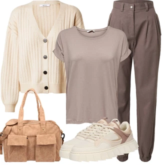 Outfit s Hnědá/Béžová/Fialová/Khaki/Šedá Obleková Kalhoty/Mušelínové kalhoty/Plisovaná kalhoty/Twillová Kalhoty/Mrkvová Kalhoty/Paperbag Kalhoty/Kalhoty s nášivkou uprostřed/Boyfriend Kalhoty/Plisovaná Kalhoty/Business Kalhoty/Ležérní Kalhoty/Kalhoty s Vysokým Pasem guido maria kretschmer women "Outfit na léto"