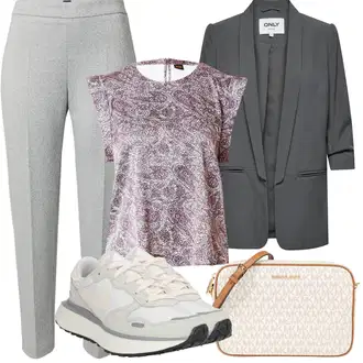 za srednje godine Outfit sa Ljubičasta/Pink Bluza top/Party Top/Kratki top/Top Bez Rukava/Košulja top/Muške cipele/Gornja majica Boss "Ljetna odjeća"Look: Stil, za srednje godine, Sveučilišna, Boho, Babydoll, Western, Transparentan, Ekstravagantno
