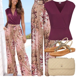 Outfit s Růžová/Fialová/Hnědá Plážová Kalhoty/Kalhoty s Peřím/Domácí Kalhoty/Mušelínové kalhoty/Palazzo Kalhoty/Kalhoty s Potiskem/Pyžamová Kalhoty/Široká Kalhoty Lascana "Outfit na léto"