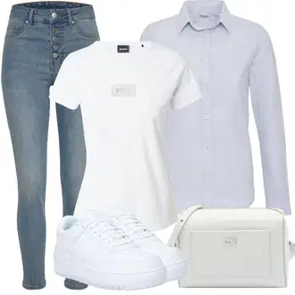 Outfity pro léto Pracovní oděvy s Bílá/Krémová/Tmavě modrá Tričko/Mužské běžecké boty/Fancy tričko/Funkční tričko/Síťované tričko/Košile s potiskem/Tréninkové tričko/Tričko s potiskem/Zavinovací Tričko Boss "Letní oblečení"Look: Mom, Kancelář, Skater, Techno, Unisex, Pracovní oděvy