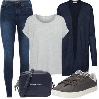 Károvaný Outfit s Modrá/Tmavě modrá/Světle modrá Kalhoty Džínové Legíny/Jeggings VERO MODA "Outfit na léto"