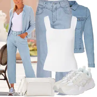 Outfit sa Bijela/Krem Top Bez Rukava/Obični top/Muške cipele/Bustijer-top/Majica na špagete/Majica i top/Majica Bez Rukava About You "Ljetna odjeća"