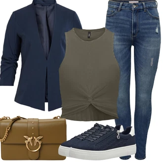 Outfit s Modrá/Tmavě modrá Kožená bunda/Kožené Boty/High Waist Džínové Kalhoty/Motorkářské Džíny/Džíny s Dírou/Push up Džín/Džíny s Rozparkem/Kotníková Bota/Kožené bundy/Zimní bunda Only "Letní oblečení"