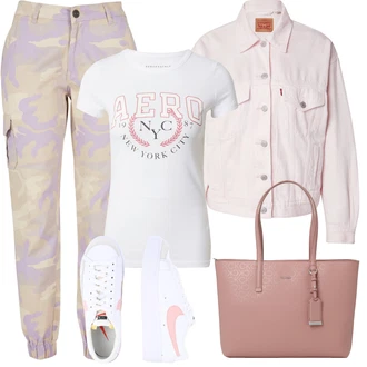 Outfit s Bé?ová/Fialová/Khaki/Tmav? modrá Cargo Kalhoty/Cargo ?ortka/Maská?ová Kalhoty/Cargo Tepláky/Capri About You "Outfit na léto"