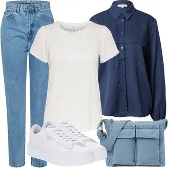 Outfity pro léto Pracovní oděvy s Tmavě modrá/Světle modrá/Modrá Oversize Halenka/Halenka se Stojatým Límcem/Jednobarevná Halenka/Crash blůza/Halenka s Dlouhým Rukávem/Blůza s nášivkou na lokti/Neobvyklá Halenka/Halenkové Body/Blůza s knoflíčkem esmé studios "Letní oblečení"Look: Styl, Klasické, Námořní, Kancelář, Unisex, Univerzitní, Pracovní oděvy, Retro