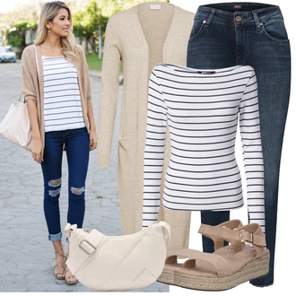 Outfit s Hnědá/Béžová Sandál Dianette/Římská sandála/Sandál S T Páskem/Rybářská sandála/Sandál se suchým zipem About You "Módní outfit pro volný čas"