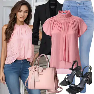 Nevesta Outfit sa Pink Kožna jakna/Omotana Bluza/Bodija Bluze/Jednobojna Bluza/Bluza Kratkih Rukava/Kožna jakna za muškarce/Slip-on Bluza/Bluza Vrh/Svilena bluza VERO MODA "Traperice Ljetni Izgled"