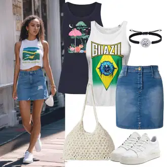 Outfity pro léto Pracovní oděvy s Bílá/Krémová Krátký top/Halenka Bez Rukávů/Tričko s grafikou/Pánské boty/Košilový top Drykorn "Vtipný Letní Vzhled"Look: Styl, Kancelář, Old Money, Skromné, Unisex, Pracovní oděvy, Extravagantní