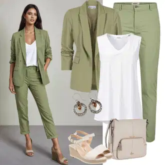 Krátké Velikosti Outfit s Bílá/Béžová/Khaki/Šedá Krátké Sako/Kožená bunda pro muže/Blejzrové Bund/Elegantní Sako/Cargo Sako/Kordové Sako/Kožená Pánská Bund/Bavlněný Sako Sisters Point "Zelený kalhotový kostým letní vzhled"