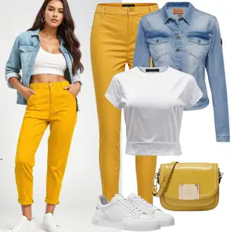 S zakovicama Outfit sa Svjetloplava/Krem/Plava Traper Jakna/Vintage Jakna/Kratka Traper Jakna Zadig & Voltaire "Žute hlače ljetni izgled"Look: Motor, S zakovicama, Jahanje
