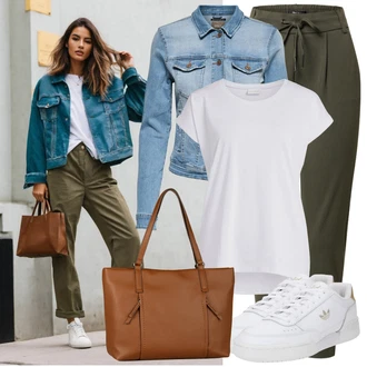 Outfit s Tmavě zelená/Zelená/Khaki Ležérní Kalhoty/Dlouhá Kalhoty/Navlékací Kalhoty/Tréninková Kalhoty/Teplák/Sportovní kalhoty/Úzká Kalhoty/Žerzejová Kalhoty/Jogger Kalhoty Only "Nápadný look na podzim"