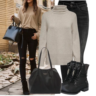 Outfit s Černá/Tmavě šedá/Šedá/Světle šedá/Khaki Kožená bunda/High Waist Džínové Kalhoty/Motorkářské Džíny/Termální Džíny/Push up Džín/Kožené Boty/Zimní bunda/Džíny s Rozparkem Only "Cool podzimní outfit"