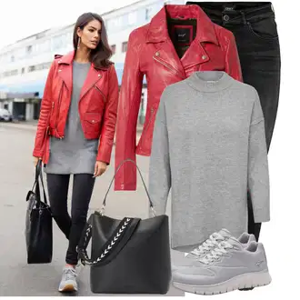 Koža Motor Outfit sa Crvena/Tamnocrvena Kaput/Jakna Maze "Cool jesenski outfit"Look: Motor