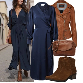 Outfit s Tmavě modrá Společenské šaty pro hosta/Šaty s Páskem/Zavinovací Šaty/Občanské šaty/Dlouhé saténové šaty Vila "Outfit na podzim"