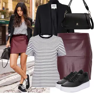 Párty Outfit s Červená/Vínová/Tmavě červená/Fialová Kožená Sukně/Sukně z umělé kůže/Krátká Sukně/Kožená MiniSukně Ichi "Praktický vzhled"Look: Bar, 40. narozeniny, Koncert, Škola, Zvláštní příležitosti, Valentýn, Matriční úřad, Párty, Narozeniny