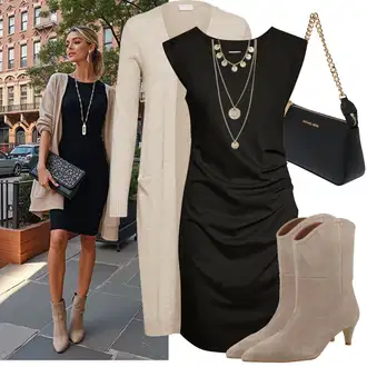 Outfit s Černá/Zelená/Hnědá/Šedá Šaty S Rovným Střihem/Žerzejové Šaty/Šaty s Předním Zipem/Šaty Bez Rukávů/Pouzdrové Šaty/Šaty Niki/Úzké Šaty/Pouzdrová Šat Kaffe "Stylový Podzimní Outfit"