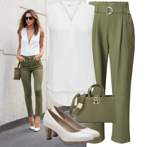 Kombinace Tmavě Zelená/Zelená/Khaki Kalhoty s Vysokým Pasem/Paperbag Kalhoty/Mušelínové kalhoty B.young