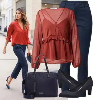 Léto Outfit s Červená/Hnědá/Tmavě červená/Oranžová Elegantní Halenka/Kožená bunda/Crash blůza/Halenkový Top/Zavinování Halenka/Halenka s Dlouhým Rukávem/Průhledná blůza/Peplum blůza/Neobvyklá Halenka/Rozverná blůza/Otevřená Halenka About You "Lehký outfit"