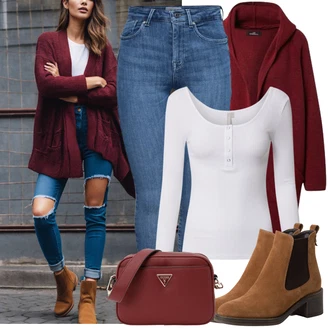 Outfit s Červená/Tmavě červená/Vínová Kardigan Svetr kroj/Vlněný kardigán/Dlouhé Kardigany/Zimní svetr/Kašmírový kardigán/Svetr s podšívkou Zwillingsherz "Vkusný podzimní outfit"