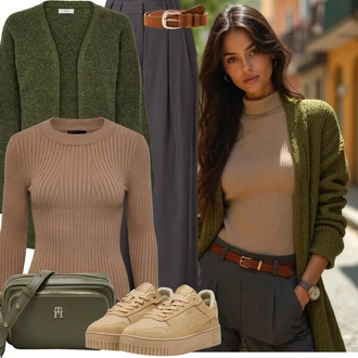 Outfit s Khaki/Šedá/Hnědá/Světle šedá/Tmavě šedá Široká Kalhoty/Kalhoty s Vysokým Pasem/Mušelínové kalhoty/Plisovaná Kalhoty/Plisovaná kalhoty/Kalhoty se Štěrbinou/Marlene Kalhoty/Business Kalhoty/Kalhoty s nášivkou uprostřed/Obleková Kalhoty Leger by Lena Gercke "Outfit na podzim"