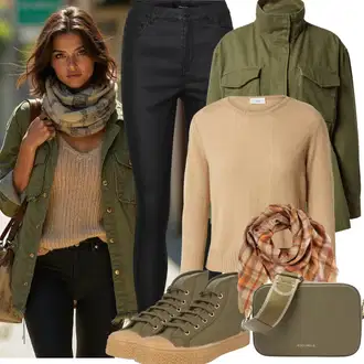 Ležerne kombinacije Šik sa Tamnozelena/Kaki/Bež Torba Coccinelle "Odjeća za jesen"Look: Old Money, klasický, Transparentan, Prevelik, Šik, Chic, Safari, Elegantan