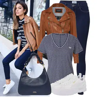 Outfit s Tmavě modrá/Modrá Pruhované Tričko Superdry "Trendový podzimní outfit"