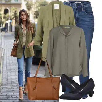 90-ich, Stil Outfit sa Siva/Tamnozelena/Kaki/Bež/Smeđa Bluza s Podignutim Ovratnikom/Bluza Dugih Rukava/Slip-on Bluza/Kožna jakna/Svilena bluza/Bluza s gumbom/Duga Bluza/Tunika Majica/Oversize Bluza Vila "Lagana odjeća"Look: klasický, Stil, Transparentan, Ured, Vatrogasici, Prekrasan, Ležerno, Retro