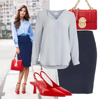 Outfit s Tmavě modrá/Modrá Tužková sukně/Elastická Sukně/Sukně S Délkou Ke Kolenům/Sukně do Délky Lýtka/Moderní Sukně/Kancelářská Sukně Kaffe "Lehký outfit"