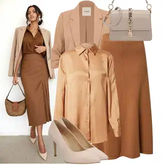 Outfit s Zlatý/Oranžová/Hnědá/Béžová Hedvábná Halenka/Dlouhá Halenka/Saténová Halenka Key Largo "Outfit na podzim"