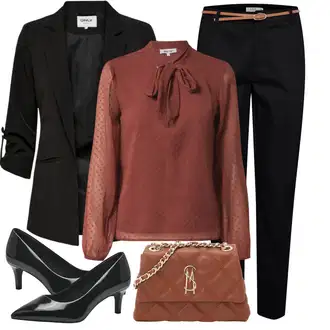 Outfit sa Crvena/Smeđa Bluza s Leptir Mašnom/Bluza s Mašnom About You "Jesenski outfiti"