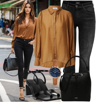 Outfit sa Smeđa/Bež Bluza s gumbom/Izvanredna Bluza/Oversize Bluza/Len Blúza/Bluza od Samta/Bluza Dugih Rukava/Svilena bluza/Bodija Bluze/Duga Bluza/Jednobojna Bluza/Bluza s Podignutim Ovratnikom Modström "Lagana odjeća"