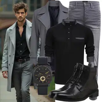 Sexy Outfit Elegant mit Dunkelblau/Grau Tweed Mantel/Gehröck/Wollfleece Mantel/Schmal Geschnittener Mantel/Kaschmir Mantel/Blazermantel/Wollmantel KUDORO, Grau/Dunkelgrau Lederjacke/Leder Schuhe/Winterjacke/Thermojeans/Knöchelstiefel/Slim Fit Jeans/Low Rise Jean/Low Waist Jean/Push up Jeans/Jeans mit Schlitz/Sportschuhe/Biker Jeans witt "Casual Business Outfit"Look: Indoor, Elegant, Stil, Business, Büro, Smart Casual, Moderne, Edel, Coole, Schön, Old Money