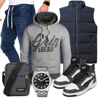 Outfit mit Dunkelblau/Blau/Hellblau Isolationsweste/Kurze Weste/Steppweste/Daunenweste/Puffer Weste/Outdoorweste RUGAN "Cool Outfit"