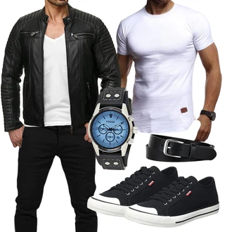 Outfit mit Schwarz Jacke mit Seitlichem Reißverschluss/KunstLederjacke/Motorradjacke/Bikerjacke/Lederjacke Redbridge "Cool Outfit"