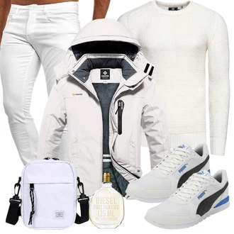Sportlich Ski Outfit mit Khaki/Grau/Beige/Weiß/Creme Winterjacke/Skijacke/Segeljacke/Outdoorjacke GEMYSE "Cool Outfit"Look: Outdoor, Sportlich, Rap, GoGo, Goa, Rad, Indoor, Berg­steigen, Skitouren, Wandern, Ski, Snow­boarden, Trekking