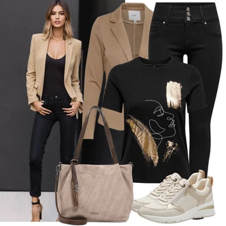 Elegantní Outfit s Hnědá/Béžová/Khaki Teniska Kožené Tenisky/Teniska teddy/Letní Tenisky/Tenisky s Bočním Zipem/Úzká Teniska/Nízká Teniska/Volnočasová bota Tamaris "Lehký outfit"Look: Blokování barev, Elegantní, Moderní, Venkovní, Chytrý příležitostný, Sportovní, Unisex