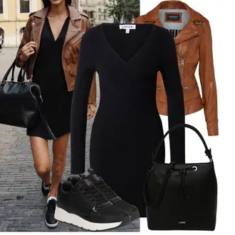 Outfit s Černá/Béžová/Bílá Páska s Kapsou/Pouzdro/Collier/Sportovní doplněk/Sluneční Brýle L.CREDI "Vkusný podzimní outfit"