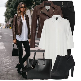 Babydoll, Styl Outfit s Šedá/Bílá/Krémová Košilové šaty/Nadměrná velikost šatů/Halenkové Šaty VERO MODA "Vkusný podzimní outfit"Look: Klasické, Styl
