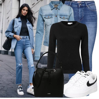 Outfit s Černá/Béžová/Bílá Páska s Kapsou/Pouzdro/Collier/Sportovní doplněk/Sluneční Brýle L.CREDI "Cool podzimní outfit"