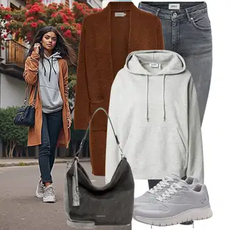 Nadrozměrné Outfit s Šedá/Světle šedá Dámský Svetr/Svetr s kapucí/Oversize mikina/Vintage mikina/Sportovní mikina/Unisex Mikina S Kapucí/Pletená mikina s kapucí/Originální mikina/Svetr S Kapucí/Mikina weekday "Cool podzimní outfit"Look: Hip Hop, Nadrozměrné, Skater, Unisex, Univerzitní