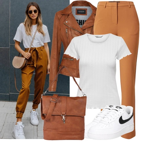 Kombinace Hnědá/Béžová/Oranžová Obleková Kalhoty/Zimní Kalhoty/Kalhoty s Vysokým Pasem/Kalhoty Bootcut/Kalhoty se Štěrbinou VERO MODA