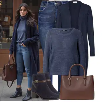 Zapínání na knoflíky Dlouhé Outfit s Tmavě modrá Pletenina veľkej veľkosti/Šaty Móda Pro Plnoštíhlou Vila "Outfit na podzim"